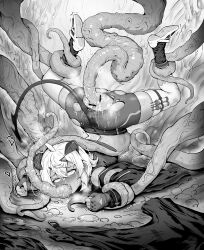 absurdres ahoge all_the_way_through anal ass cum cum_in_ass cum_in_mouth cum_overflow cum_through gloves greyscale heart highres horns inflation mind_break monochrome original rape restrained short_hair shorts surprised tail tentacles torn_clothes torn_legwear torn_shorts zhizhuangjia
