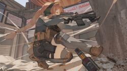 Rule 34 | 1girl, ahoge, arabic text, artist name, black gloves, blonde hair, blue eyes, brown footwear, commentary request, cz 805 bren, day, ear protection, full body, gloves, gun, h&amp;k usp, handgun, highres, holding, holding gun, holding weapon, indie virtual youtuber, jack daniel&#039;s, knee pads, leg holster, load bearing vest, long hair, long sleeves, mixed-language commentary, obsidian117, optical sight, outdoors, scope, shorts, solo, swiss flag, thighhighs, virtual youtuber, weapon, whiskey project