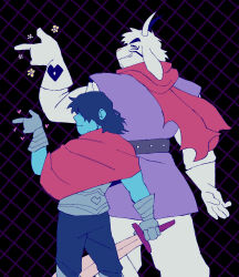 1boy 1other animal_ears asriel_dreemurr black_sclera c0smicsurfin closed_mouth colored_sclera commentary deltarune english_commentary flower furry furry_male goat_boy goat_ears goat_horns grin hair_over_eyes heart highres holding holding_sword holding_weapon horns kris_(deltarune) pointing pointing_to_the_side smile sword weapon