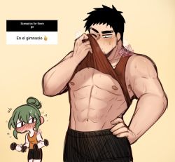 1boy 1girl bike_shorts black_eyes black_hair blush commentary dumbbell english_commentary exercising facial_hair flying_sweatdrops full-face_blush gym igarashi_futaba looking_at_another male_focus muscular muscular_male panqlao senpai_ga_uzai_kouhai_no_hanashi short_hair singlet staring steam steaming_body stubble sweat takeda_harumi thick_eyebrows weightlifting weights wide-eyed