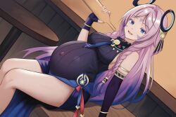 1girl absurdres belly big_belly bottle citlali_(genshin_impact) commentary djgh5738 genshin_impact highres holding holding_bottle inflation long_hair navel open_mouth outie_navel pregnant sitting smile solo stomach