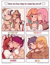 6+girls animal_ears arms_around_neck blonde_hair blue_choker braid brown_hair brown_jacket brown_sweater cecilia_immergreen choker closed_eyes collared_shirt commentary english_commentary english_text fortissimo gigi_murin give_me_four_ships_challenge green_hair green_ribbon hair_bun hair_ornament hakos_baelz hand_on_another&#039;s_shoulder hat heart highres hololive hololive_english horns hug hug_from_behind irys_(hololive) jacket jewelry kiss kissing_cheek long_sleeves mori_calliope mouse_ears multicolored_hair multiple_girls musical_note musical_note_hair_ornament neck_ribbon necklace ninomae_ina&#039;nis one_eye_closed orange_hair parted_lips pink_hair pointy_ears purple_eyes purple_hair red_eyes red_hair ribbon shirt smile streaked_hair sweater takanashi_kiara tentacle_hair twin_braids twitter_username ulianasdolls virtual_youtuber watson_amelia white_hair white_hat white_shirt winding_key yuri