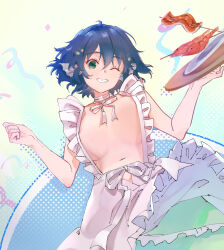 Rule 34 | 1girl, absurdres, apron, areola slip, blue hair, bouncing breasts, breasts, choker, circle, confetti, cowboy shot, dotted background, dress, fins, green background, green dress, green eyes, grin, head fins, highres, holding, holding tray, indis, large breasts, looking at viewer, maid apron, nipple slip, nipples, one eye closed, raised eyebrow, shrimp, skewer, smile, solo, topless female, touhou, tray, wakasagihime, white choker
