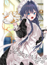 1girl apron black_dress blue_eyes blue_hair blurry blurry_foreground braid commentary cup dress embroidery empire_waist fanged_bangs fangs frilled_apron frilled_hat frills hair_between_eyes hair_intakes hair_over_shoulder hands_up hashtag-only_commentary hat highres holding holding_tray hololive hololive_english indoors juliet_sleeves long_dress long_hair long_sleeves low_twin_braids maid maid_apron mob_cap mogu_(au1127) official_alternate_costume official_alternate_hairstyle open_mouth ouro_kronii ouro_kronii_(maid) pillarboxed puffy_sleeves puritan_collar solo teacup teapot teeth tray twin_braids upper_teeth_only victorian_maid virtual_youtuber white_apron white_hat