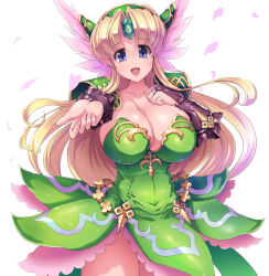 1girl :d armor blonde_hair blue_eyes blush breasts bridal_gauntlets cleavage collarbone cowboy_shot dress forehead_jewel green_dress hand_on_own_chest helmet huge_breasts long_hair looking_at_viewer no_panties open_mouth pauldrons petals raochuu riesz seiken_densetsu seiken_densetsu_3 shoulder_armor simple_background smile solo strapless strapless_dress white_background winged_helmet