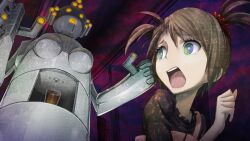 Rule 34 | 1girl, aqua eyes, blouse, brown hair, coffee maker, crying, crying with eyes open, cup, dress, dutch angle, from below, game cg, glass, glowing, glowing eyes, glowing mouth, green eyes, hair tie, haze, highres, huke, indoors, looking back, machine, non-web source, official art, open mouth, pinafore dress, pink dress, pink lips, purple shirt, purple theme, ringed eyes, robot, scared, shiny lips, shirt, short twintails, sidelocks, sleeveless, sleeveless dress, square pupils, steins;gate, steins;gate: linear bounded phenogram, tears, teeth, tennouji nae, tongue, twintails, upper teeth only