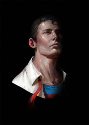 1boy black_background black_hair blue_eyes clark_kent closed_mouth collared_shirt commentary_request crew_neck cropped_shoulders dc_comics highres korean_commentary looking_up male_focus necktie open_clothes open_shirt realistic red_necktie shirt sideburns simple_background solo superhero_costume superman superman_(series) undone_necktie untitle white_shirt