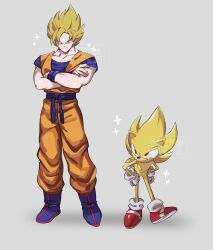 Rule 34 | 2boys, blonde hair, blue boots, blue sash, blue shirt, boots, crossed arms, crossover, dougi, dragon ball, dragonball z, full body, ginkaku (gin2052), green eyes, grey background, hands on own hips, highres, male focus, multiple boys, orange pants, orange shirt, pants, red eyes, red shoes, sash, shirt, shoes, simple background, son goku, sonic (series), sonic the hedgehog, sparkle, spiked hair, standing, super saiyan, super saiyan 1, super sonic, trait connection, watermark