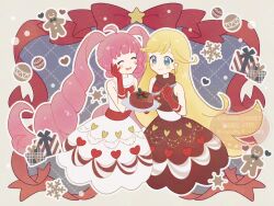 2girls ahoge aozora_himari artist_name bare_shoulders blonde_hair blue_eyes blush blush_stickers bow box brown_dress cake christmas closed_eyes copyright_notice dot_nose dress dress_bow drill_hair drooling english_text food fork gift gift_box gingerbread_man gloves hand_on_own_cheek hand_on_own_face hand_up hands_up haru_(haru1bc6c4) heart highres himitsu_no_aipri holding holding_fork holding_plate hoshikawa_mitsuki long_hair multiple_girls open_mouth outline pink_hair plate pretty_series red_bow red_gloves smile straight_hair twin_drills twitter_username very_long_hair watermark white_dress white_outline