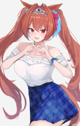 1girl animal_ears bare_shoulders blue_skirt blush breasts brown_hair commentary daiwa_scarlet_(umamusume) english_commentary hair_intakes heart heart_hands highres horse_ears horse_girl horse_tail large_breasts long_hair looking_at_viewer open_mouth red_eyes shuuzo3 simple_background skirt solo tail tiara twintails umamusume white_background