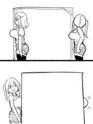 2girls annoyed breasts grin highres large_breasts midriff multiple_girls nakineiriko_(dafdafson) shirt shorts sketch smile sweatdrop thighhighs twintails