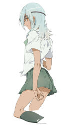 1boy blue_hair closed_mouth commentary_request cropped_legs crossdressing dark-skinned_male dark_skin eyepatch green_skirt hair_behind_ear highres inazuma_eleven inazuma_eleven_(series) light_blue_hair long_hair looking_back male_focus orange_eyes p6927xd pleated_skirt sakuma_jirou shirt simple_background skirt smile solo trap white_background white_shirt