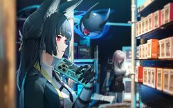 Rule 34 | 2girls, absurdres, animal ears, armor, black gloves, black necktie, black skirt, blunt bangs, breasts, closed eyes, closed mouth, dress shirt, fox ears, fox girl, glasses, gloves, green jacket, hair between eyes, high-waist skirt, highres, holding, holding phone, hoshimi miyabi, indoors, jacket, jelmul, large breasts, long hair, looking ahead, multiple girls, necktie, open mouth, pencil skirt, phone, pink hair, red eyes, shirt, shoulder armor, sidelocks, skirt, smile, tailless (zenless zone zero), teeth, tsukishiro yanagi, upper teeth only, white shirt, zenless zone zero