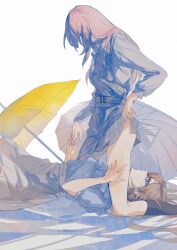 2girls absurdres bang_dream! bang_dream!_it&#039;s_mygo!!!!! black_socks blue_eyes blue_shirt brown_hair chihaya_anon chinese_commentary clothes_lift commentary_request dress dress_lift e-fa-dorn grey_dress grey_skirt grey_umbrella hand_on_another&#039;s_thigh highres holding_hands long_hair long_sleeves multiple_girls nagasaki_soyo pinafore_dress pink_hair shirt simple_background skirt sleeveless sleeveless_dress socks umbrella white_background yellow_umbrella yuri