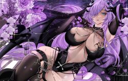 1girl artist_request belt bird_cage birdcage blue_eyes breast_tattoo breasts cage chain cross detached_sleeves flower garter_straps heart heart_tattoo highres horns kris_kokoro large_breasts lips long_hair navel one_eye_covered petals purple_hair purple_theme see-through_clothes tattoo thighhighs virtual_youtuber wings