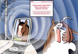 Rule 34 | &gt; &lt;, 1girl, ahoge, brown hair, cellphone, cellular tower, commentary, english commentary, english text, flip phone, hairband, horse, horse girl, meisho doto (racehorse), meisho doto (umamusume), meme, open mouth, phone, pink hairband, real life, solo, transformation, umamusume, upper body, wolfdetergent