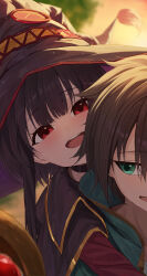 1boy 1girl :d absurdres black_choker black_hair blunt_bangs blurry blush brown_cape brown_hat cape carrying chinese_commentary choker commentary_request depth_of_field green_cape green_eyes happy hat highres kono_subarashii_sekai_ni_shukufuku_wo! long_sleeves looking_at_another megumin open_mouth outdoors piggyback re_naya red_eyes satou_kazuma short_hair short_hair_with_long_locks sidelighting sideways_glance smile spiked_hair sunset teeth tsurime upper_body upper_teeth_only witch_hat