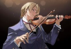 Rule 34 | ace attorney, apollo justice: ace attorney, blonde hair, closed mouth, collared shirt, drill hair, glasses, highres, holding, holding instrument, holding violin, instrument, kristoph gavin, long hair, looking at viewer, neck ribbon, pink ribbon, ribbon, shirt, side drill, smirk, swept bangs, violin, white shirt, wogesb