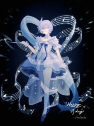 1girl absurdly_long_hair anlimil black_background blue_bow blue_bowtie blue_eyes blue_hair blue_pantyhose blue_shoes bow bowtie breasts character_request chinese_commentary cleavage closed_mouth coattails collar collarbone commentary_request conductor_baton detached_collar dress eyelashes flats frilled_dress frilled_sleeves frilled_wrist_cuffs frills full_body gradient_pantyhose hair_between_eyes hair_ornament hair_ribbon happy happy_birthday hatsune_miku headset high_collar highres holding_baton light_particles long_hair looking_at_viewer miracle_nikki musical_note musical_staff nikki_(series) pantyhose pleated_dress ribbon shoes short_sleeves side_ponytail signature smile solo star_(symbol) tareme very_long_hair vocaloid white_bow white_collar white_dress white_pantyhose white_ribbon white_wrist_cuffs wing_hair_ornament wrist_cuffs