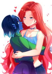 2girls absurdres ass blue_skin breasts chelsea_van_der_zee choker cleavage colored_skin dreamworks earrings green_eyes highres hoop_earrings jewelry long_hair manakaze medium_breasts monster_girl multiple_girls pants red_hair ruby_gillman:_teenage_kraken ruby_gillman_(character) shorts squid_girl striped_clothes striped_thighhighs sweater thighhighs yuri