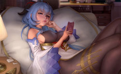 1girl airpods artist_logo artist_name bed bell black_bodysuit blue_hair bodystocking bodysuit breasts cellphone commentary cowbell desk_lamp detached_sleeves ganyu_(genshin_impact) genshin_impact goat_horns hand_on_own_face horns indoors kittew lamp logo long_hair medium_breasts phone purple_eyes sideboob smartphone smartphone_case solo white_sleeves wireless_earphones