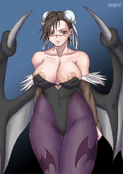 1girl black_hair breasts capcom chun-li cosplay earrings female_focus gradient_background jewelry large_breasts morrigan_aensland_(cosplay) nipples pantyhose papepox2 solo street_fighter darkstalkers