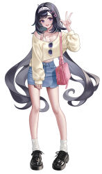 1girl alternate_costume bag black_hair black_shoes blue_skirt bra breasts casual cleavage denim denim_skirt fashion full_body genshin_impact hair_ornament hairband hairclip hand_up highres lan_yan_(genshin_impact) long_hair long_sleeves myless open_mouth pink_bag purple_eyes revision shirt shoes shoulder_bag simple_background skirt smile socks solo standing sunglasses teeth underwear unworn_eyewear upper_teeth_only very_long_hair white_background white_hairband white_socks yellow_shirt