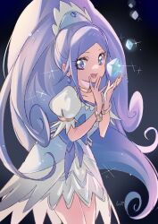 Rule 34 | 1girl, black background, blue bow, blue dress, blue eyes, blue hair, blue hairband, bow, bracelet, chain, collarbone, cowboy shot, cryokinesis, cure diamond, curly hair, diamond (shape), diamond earrings, dokidoki! precure, dress, earrings, eyelashes, feather-trimmed dress, feather-trimmed skirt, feather-trimmed sleeves, fingernails, gold bracelet, gold chain, hairband, happy, high ponytail, highres, hishikawa rikka, ice, jewelry, lace-trimmed hairband, lace trim, long hair, medium dress, miniskirt, object floating above hand, open mouth, ponytail, precure, puffy short sleeves, puffy sleeves, shipu (gassyumaron), short sleeves, signature, simple background, skirt, skirt under dress, smile, solo, sparkle, standing, tareme, thighs, very long hair, waist bow, white skirt, white sleeves