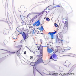 1girl 4-finger_heart_hands amane_kanata amane_kanata_(nurse) angel_wings apron bandaged_arm bandages bed_sheet blue_hair blue_wings collar colored_inner_hair commentary_request copyright_notice detached_collar dress feathered_wings flat_chest gloves gradient_wings grey_hair hair_ornament hat heart heart_hands hololive id_card lanyard looking_at_viewer lying medium_hair mini_wings multicolored_hair multicolored_wings nurse_cap official_alternate_costume official_alternate_hair_length official_alternate_hairstyle official_art on_back open_mouth pink_hair puffy_short_sleeves puffy_sleeves purple_eyes sample_watermark short_sleeves single_hair_intake solo streaked_hair tama_(songe) upper_body virtual_youtuber watermark white_apron white_collar white_dress white_gloves white_hat white_wings wing_collar wings x_hair_ornament