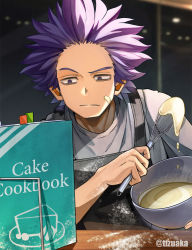 1boy apron artist_name baking black_apron blue_hair boku_no_hero_academia bowl closed_mouth commentary_request cream cream_on_face food food_on_face grey_shirt highres holding indoors looking_at_viewer male_focus powder purple_eyes purple_hair reading shinso_hitoshi shirt solo spiked_hair tonbanlove twitter_username upper_body