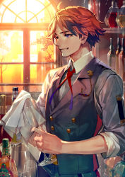 1boy ahoge bar_(place) black_vest blouse blurry bottle breast_pocket buttons cleaning collared_shirt commentary_request cup depth_of_field drinking_glass fang grey_shirt grin holostars looking_to_the_side male_focus mebaru mole mole_under_eye neck_ribbon orange_hair pocket purple_eyes red_ribbon ribbon shirt short_hair sleeves_rolled_up smile solo standing sunlight vest virtual_youtuber white_shirt window wine_glass yukoku_roberu