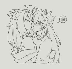 2girls animal_ears arkiwi arknights bird_ears closed_eyes closed_mouth commentary dragon_horns english_commentary feather_hair greyscale heart highres horns kiss kissing_cheek long_hair long_sleeves monochrome multiple_girls parted_lips saria_(arknights) silence_(arknights) spoken_blush yuri