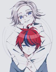 2boys ahoge aotsuki_eito blue_eyes blue_hair glasses highres long_sleeves looking_at_viewer male_focus multicolored_hair multiple_boys red_hair sumino_takumi sweatdrop the_hundred_line_-last_defense_academy- white_background white_hair yaoi