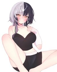 1girl absurdres alternate_costume black_camisole black_hair black_shorts blush breasts camisole closed_mouth grey_hair highres hololive hololive_english hoshiiii_art large_breasts long_hair looking_at_viewer multicolored_hair shiori_novella shorts simple_background solo split-color_hair two-tone_hair virtual_youtuber white_arm_warmers white_background yellow_eyes