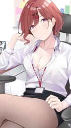 1girl absurdres black_pantyhose black_skirt breasts brown_hair chair cleavage collarbone collared_shirt crossed_legs dress_shirt fukumaru_koito hair_ornament hairclip highres higuchi_madoka id_card idolmaster idolmaster_shiny_colors large_breasts long_sleeves looking_at_viewer mole mole_under_eye office office_chair office_lady pantyhose pencil_skirt purple_eyes shirt short_hair sitting skirt smile solo swivel_chair tukikataumemo white_shirt