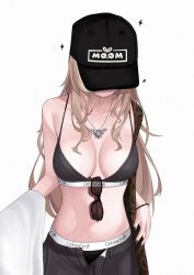 1girl animal_print baseball_cap black-framed_eyewear black_bra black_hat black_nails black_pants black_shorts bra brand_name_imitation breasts brown_hair closed_mouth collarbone commentary covered_face english_commentary eyewear_hang fingernails glitter hat highres hololive hololive_english jewelry large_breasts leopard_print long_hair multicolored_hair nail_polish nanashi_mumei navel necklace open_fly pants shorts simple_background smile solo stomach streaked_hair sunglasses underwear unmeidesu unworn_eyewear virtual_youtuber white_background wristband