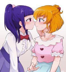 2girls asahina_mirai blue_skirt blush bow bowtie braid buttons center_frills closed_mouth commentary_request frills gradient_background gyaheung half_up_braid heart_button highres izayoi_liko long_hair long_sleeves mahou_girls_precure! mahou_girls_precure!!_mirai_days medium_hair multiple_girls orange_hair pink_background pink_eyes pink_shirt ponytail precure purple_eyes purple_hair purple_skirt red_bow red_bowtie shirt short_sleeves skirt smile white_background white_shirt yuri