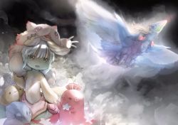 2others animal_ears bad_link bird cover creature feathered_wings flying furry highres holding_hands hug looking_at_another lying made_in_abyss mitty_(made_in_abyss) multiple_others nanachi_(made_in_abyss) official_art on_side open_mouth rabbit_ears red_eyes short_hair tail topless_other tsukushi_akihito whiskers white_hair wings yellow_eyes