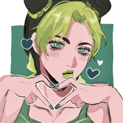 1girl bare_shoulders blush bun_with_braided_base collarbone cone_hair_bun curtained_hair double_bun drawn_heart four-finger_heart_hands green_background green_eyes green_lips green_nails green_tank_top green_theme hair_bun head_tilt heart heart_hands highres jojo_no_kimyou_na_bouken kuujou_jolyne looking_at_viewer matubaru_chan parted_bangs portrait solo star_(symbol) star_in_eye stone_ocean striped_tank_top symbol_in_eye tank_top
