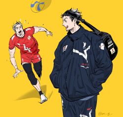 1boy aged_up bag ball black_bag black_hair bokuto_koutarou collarbone collared_jacket commentary_request compression_leggings crew_neck en_q facial_hair flying_sweatdrops goatee grey_hair haikyuu!! hands_in_pockets highres jacket long_sleeves male_focus multicolored_hair open_mouth print_shirt red_shirt red_shorts running shirt shoes short_sideburns short_sleeves shorts shoulder_bag sportswear sweat teeth track_jacket twitter_username volleyball_(object) volleyball_uniform yellow_background zipper
