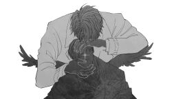 2boys black_coat black_skirt black_wings broken_wing coat collared_shirt color_contrast feathered_wings hand_on_another&#039;s_face head_tilt kim_dokja multiple_boys multiple_scars omniscient_reader&#039;s_viewpoint open_mouth raya_(000_unseen) scar scar_on_hand shirt skirt sparkle white_coat wings yoo_joonghyuk