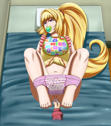 Rule 34 | adult baby, anal, anal object insertion, bed, bib, blonde hair, clothes pull, diaper, enema, feet, god hand mar, gundam, gundam tekketsu no orphans, kudelia aina bernstein, long hair, lying, navel, object insertion, on back, on bed, pacifier, pink diaper, ponytail, pull-up diaper, purple eyes, solo, underwear, underwear pull