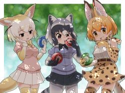 3girls :3 animal_ears animal_print black_bow black_bowtie black_skirt blonde_hair blue_sweater bow bowtie brown_eyes cat_ears cat_girl cat_tail common_raccoon_(kemono_friends) cowboy_shot eating elbow_gloves extra_ears fennec_(kemono_friends) food fox_ears fox_girl fox_tail frilled_skirt frills fur_collar fur_trim gloves grey_gloves grey_hair grey_legwear high-waist_skirt hoshino_mitsuki japari_bun japari_symbol kemono_friends kemono_friends_3 licking licking_finger multicolored_hair multiple_girls pantyhose pink_sweater pleated_skirt print_bow print_bowtie print_gloves print_legwear print_skirt print_thighhighs puffy_short_sleeves puffy_sleeves raccoon_ears raccoon_girl raccoon_tail serval_(kemono_friends) shirt short_hair short_sleeves skirt sleeveless sweater tail thighhighs white_gloves white_hair white_shirt white_skirt yellow_bow yellow_bowtie yellow_eyes yellow_thighhighs zettai_ryouiki