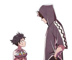 2boys aged_down arm_tattoo black_hair commentary creatures_(company) eye_contact eyewear_on_head game_freak gen_7_pokemon grey_jacket guzma_(pokemon) hand_in_pocket holding holding_pokemon hood hood_up hooded_jacket jacket looking_at_another male_focus multiple_boys nintendo pokemon pokemon_(creature) pokemon_sm shirt short_sleeves ssalbulre sunglasses t-shirt tattoo team_skull white_shirt wimpod yellow-framed_eyewear