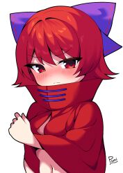 1girl blush bow breasts cape closed_mouth commentary embarrassed hair_between_eyes hair_bow high_collar highres looking_at_viewer medium_breasts naked_cape navel punidayo purple_bow red_cape red_eyes red_hair sekibanki short_hair simple_background solo split_mouth touhou upper_body white_background
