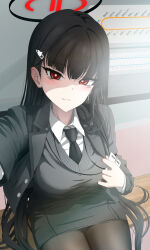 1girl absurdres alternate_costume black_hair black_jacket black_necktie black_pantyhose black_sweater blue_archive blush breasts bucho_sama closed_mouth commentary_request halo highres holding holding_id_card id_card jacket korean_commentary large_breasts long_hair looking_at_viewer necktie pantyhose pencil_skirt red_eyes red_halo rio_(blue_archive) selfie shirt sitting skirt solo sweater train_interior white_shirt
