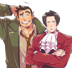 2boys ace_attorney arm_behind_head ascot collared_shirt crossed_arms curtained_hair dick_gumshoe facial_hair goatee_stubble highres jacket male_focus miles_edgeworth multiple_boys necktie raised_eyebrow red_jacket shirt short_hair simple_background stubble upper_body vest white_ascot white_background yowasabimechaoc