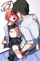 1boy 1girl ahoge barefoot black_hair black_halo black_jacket black_nails blue_archive braid breasts censored drooling earrings halo hand_on_another&#039;s_thigh hetero highres jacket jewelry kuroneko_(kuroneko3zizi) looking_at_another mole mole_under_eye mosaic_censoring neru_(blue_archive) nipples no_panties on_table open_clothes open_mouth open_shirt penis pleated_skirt pussy red_eyes red_hair saliva sensei_(blue_archive) sex short_hair side_braid single_braid skirt small_breasts straddling table upright_straddle vaginal