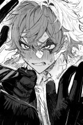 2boys absurdres ace_trappola anger_vein angry arms_up blush clenched_teeth clothes_grab crossed_bangs diagonal-striped_clothes diagonal-striped_necktie facial_mark furious gloves greyscale heart highres hikentai3 male_focus monochrome multiple_boys necktie necktie_grab neckwear_grab out_of_frame sanpaku simple_background solo_focus striped_clothes striped_necktie sweat teeth twisted_wonderland upper_body white_background