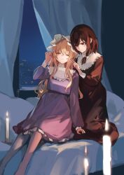 2girls absurdres aliaos bed black_dress blonde_hair bow breasts brown_eyes brown_hair candle chinese_commentary closed_mouth commentary_request curtains dress feet_out_of_frame frilled_dress frills hair_between_eyes hair_bow hat highres indoors long_hair long_sleeves looking_at_another maribel_hearn mob_cap multiple_girls no_headwear on_bed one_eye_closed parted_lips purple_dress short_hair_with_long_locks single_sidelock smile touhou usami_renko very_long_hair white_bow white_hat window yellow_eyes